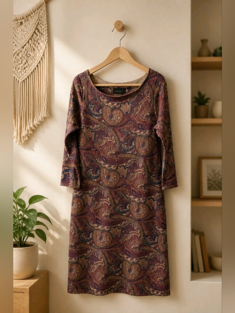 Lauren Ralph Lauren Classic Burgundy Paisley Long-Sleeve Boat-Neck Dress Sz LG